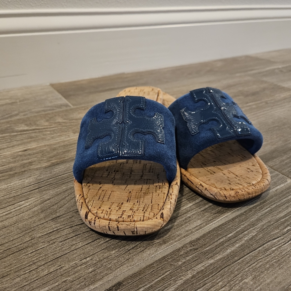 Tory burch classic double t sport slide blue denim suede